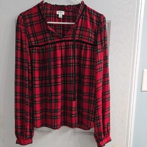 Jcrew Factory Red and Black Tartan Blouse With Ruffle Collar Size Large